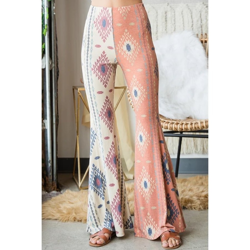 Bucket List Southwestern Aztec Print Flare Pants Boho Bell Bottoms Large EUC